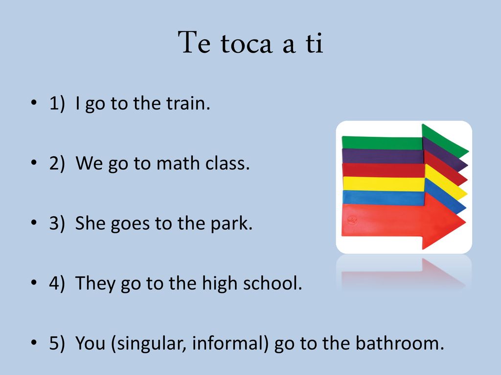 Te toca a ti 1) I go to the train. 2) We go to math class.