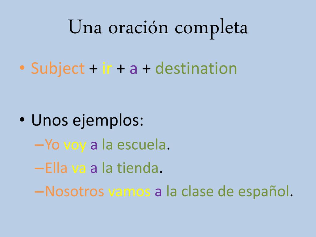 Una oración completa Subject + ir + a + destination Unos ejemplos: