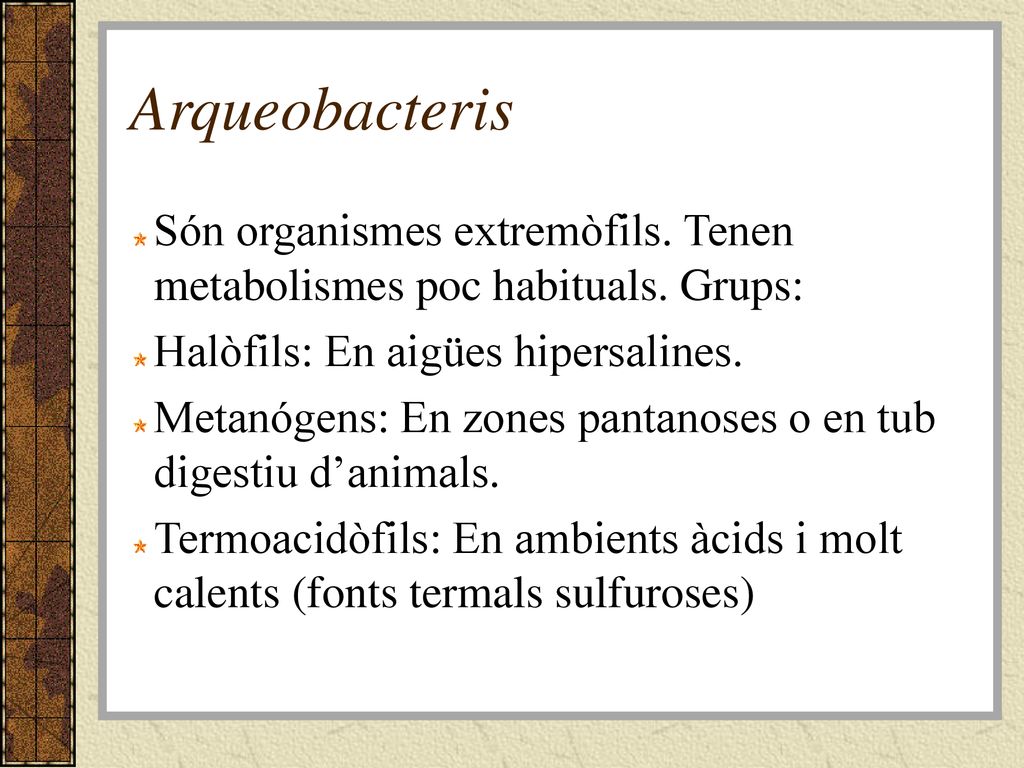 Arqueobacteris Són organismes extremòfils. Tenen metabolismes poc habituals. Grups: Halòfils: En aigües hipersalines.