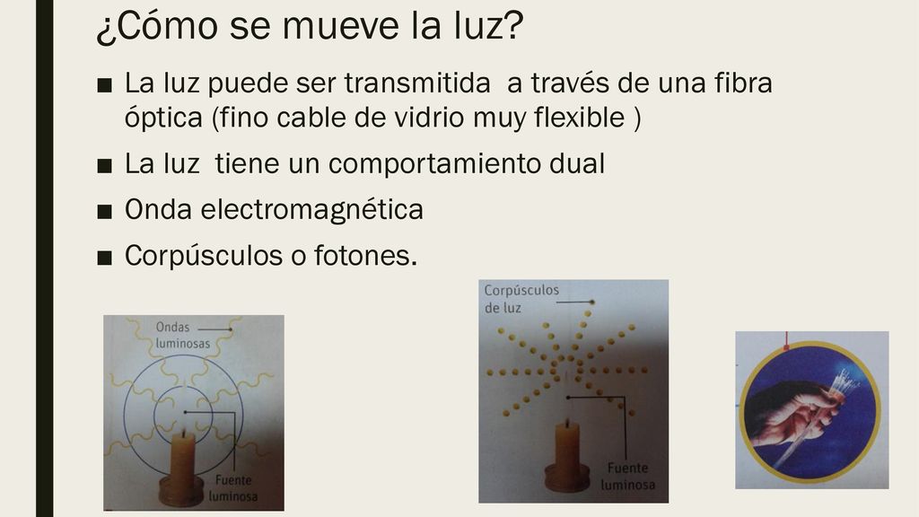¿Cómo se mueve la luz La luz puede ser transmitida a través de una fibra óptica (fino cable de vidrio muy flexible )