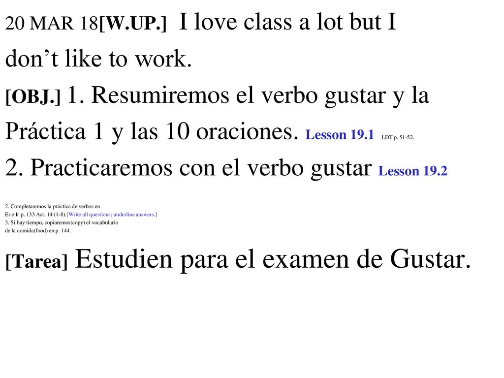 Práctica 1 y las 10 oraciones. Lesson 19.1 LDT p