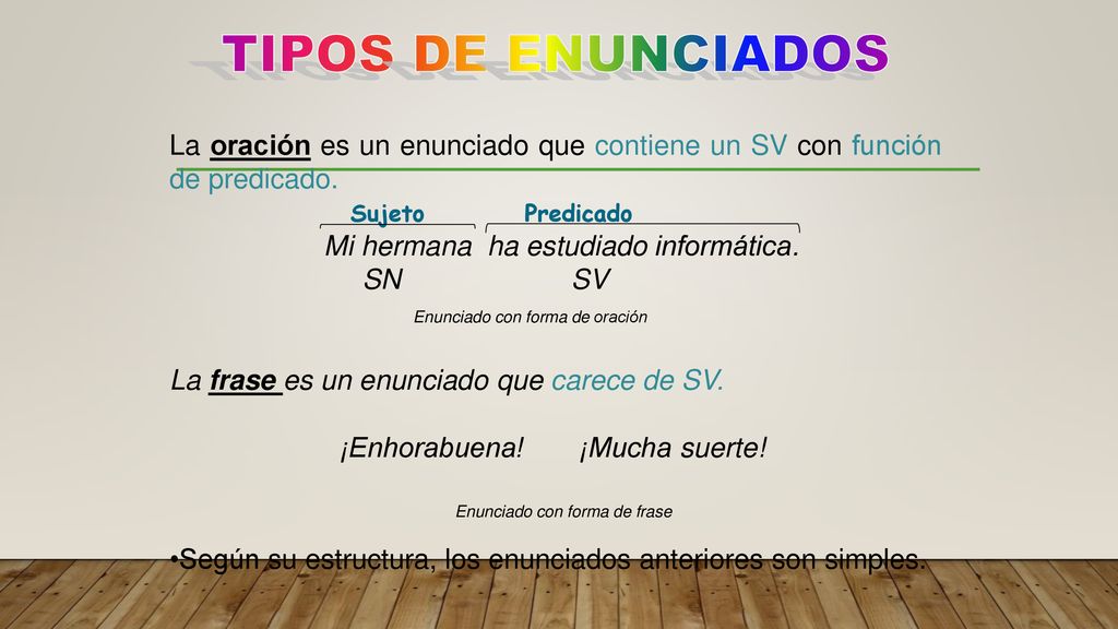 TIPOS DE ENUNCIADOS La oración es un enunciado que contiene un SV con función de predicado. Sujeto Predicado.