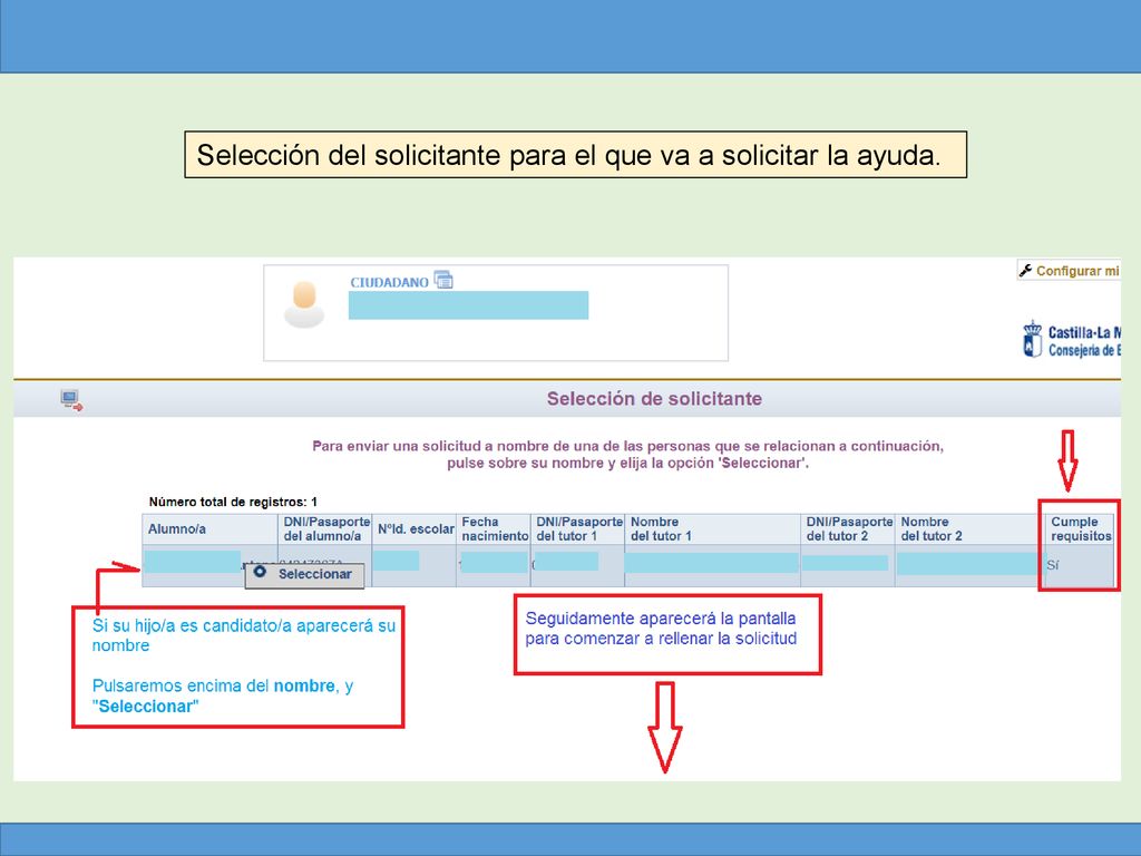 Selección del solicitante para el que va a solicitar la ayuda.