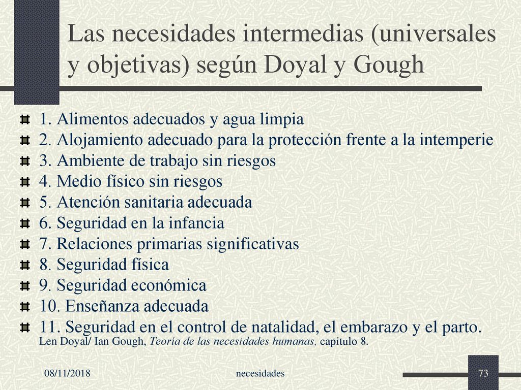Las necesidades intermedias (universales y objetivas) según Doyal y Gough