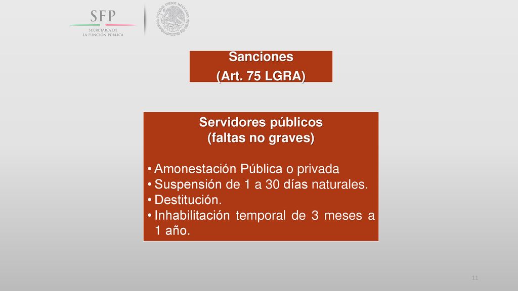 Sanciones (Art. 75 LGRA) Servidores públicos. (faltas no graves) Amonestación Pública o privada.