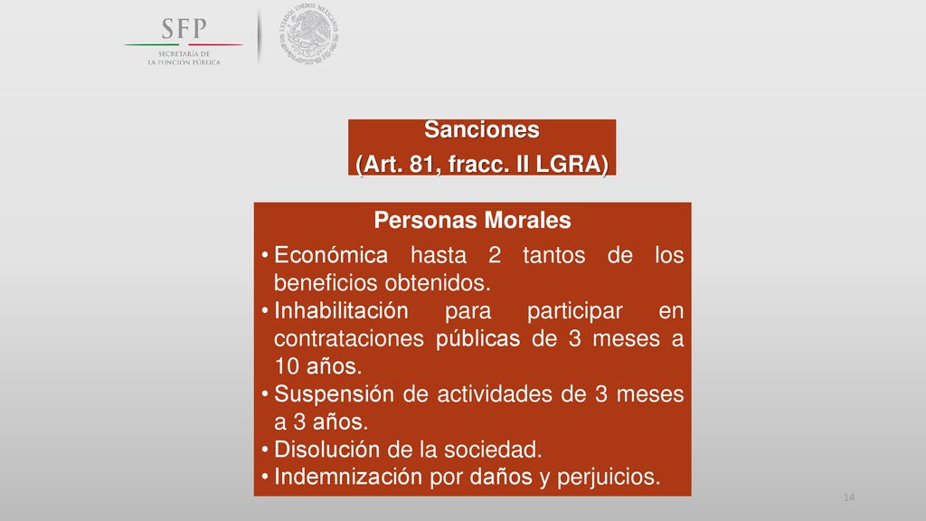 Sanciones (Art. 81, fracc. II LGRA) Personas Morales. Económica hasta 2 tantos de los beneficios obtenidos.