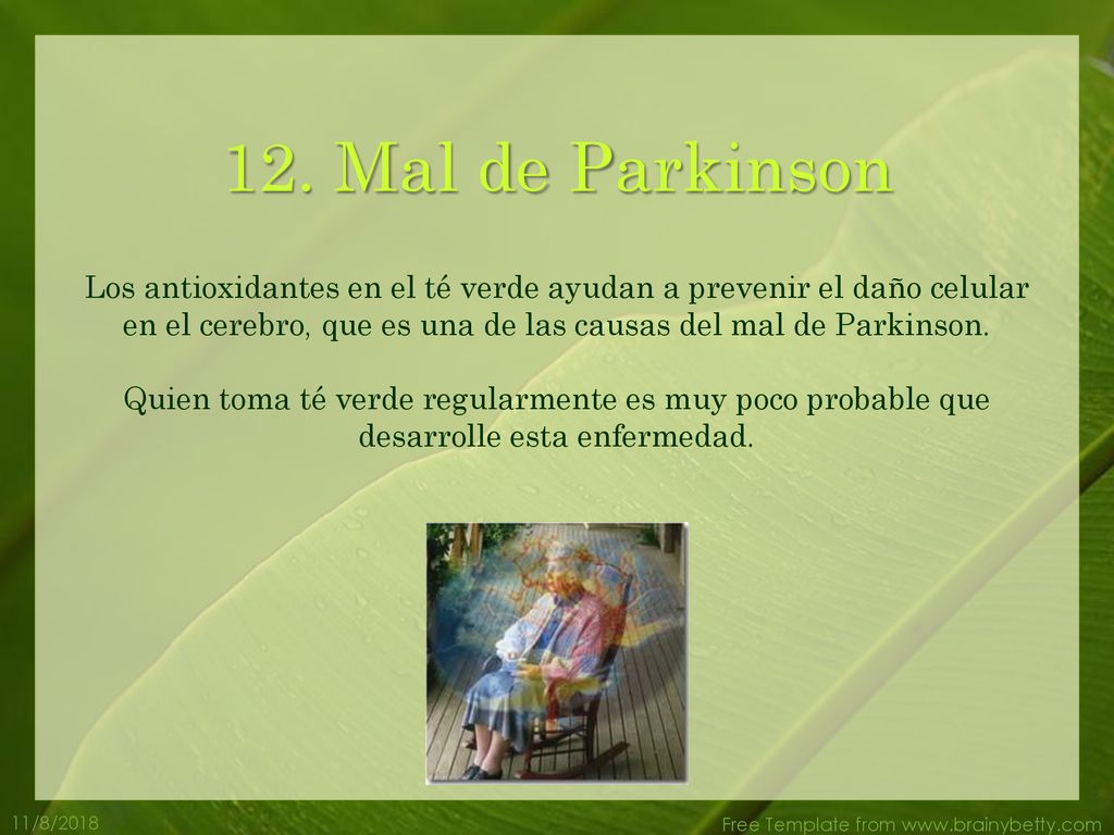 12. Mal de Parkinson Los antioxidantes en el té verde ayudan a prevenir el daño celular en el cerebro, que es una de las causas del mal de Parkinson.