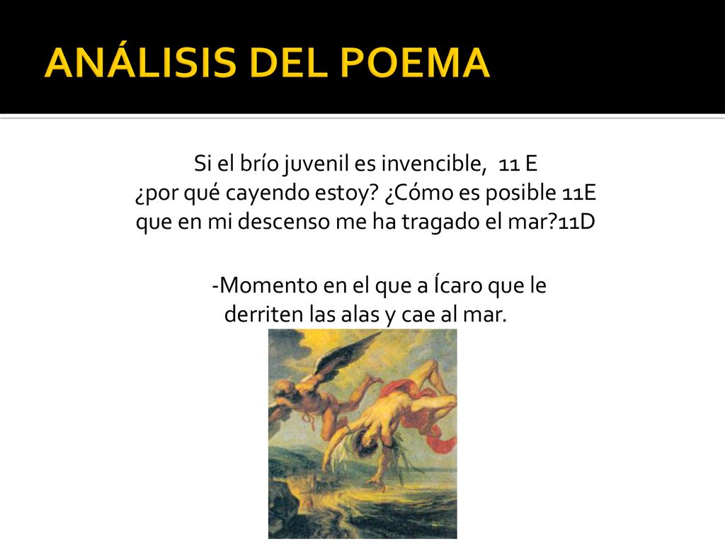 ANÁLISIS DEL POEMA Si el brío juvenil es invencible, 11 E ¿por qué cayendo estoy ¿Cómo es posible 11E que en mi descenso me ha tragado el mar 11D.