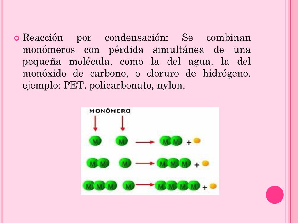 Reacción por condensación: Se combinan monómeros con pérdida simultánea de una pequeña molécula, como la del agua, la del monóxido de carbono, o cloruro de hidrógeno.