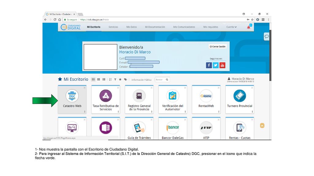 1- Nos muestra la pantalla con el Escritorio de Ciudadano Digital.