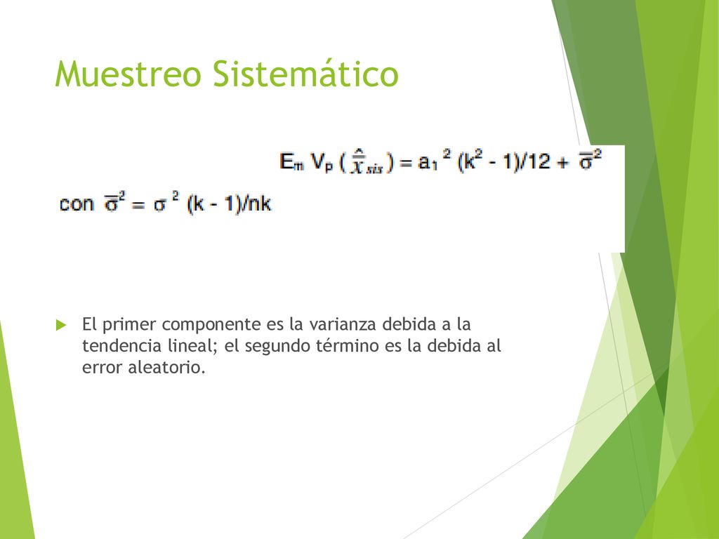 Muestreo Sistemático El primer componente es la varianza debida a la tendencia lineal; el segundo término es la debida al error aleatorio.