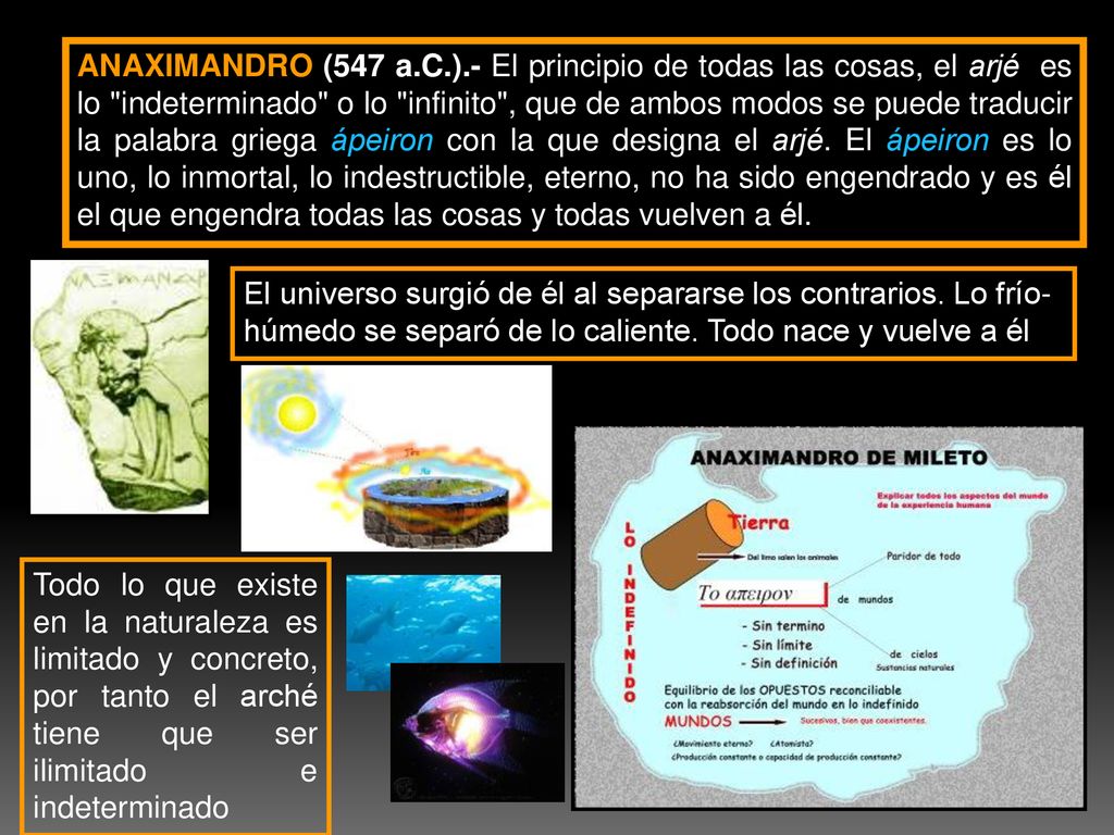 ANAXIMANDRO (547 a.C.).- El principio de todas las cosas, el arjé es lo indeterminado o lo infinito , que de ambos modos se puede traducir la palabra griega ápeiron con la que designa el arjé. El ápeiron es lo uno, lo inmortal, lo indestructible, eterno, no ha sido engendrado y es él el que engendra todas las cosas y todas vuelven a él.