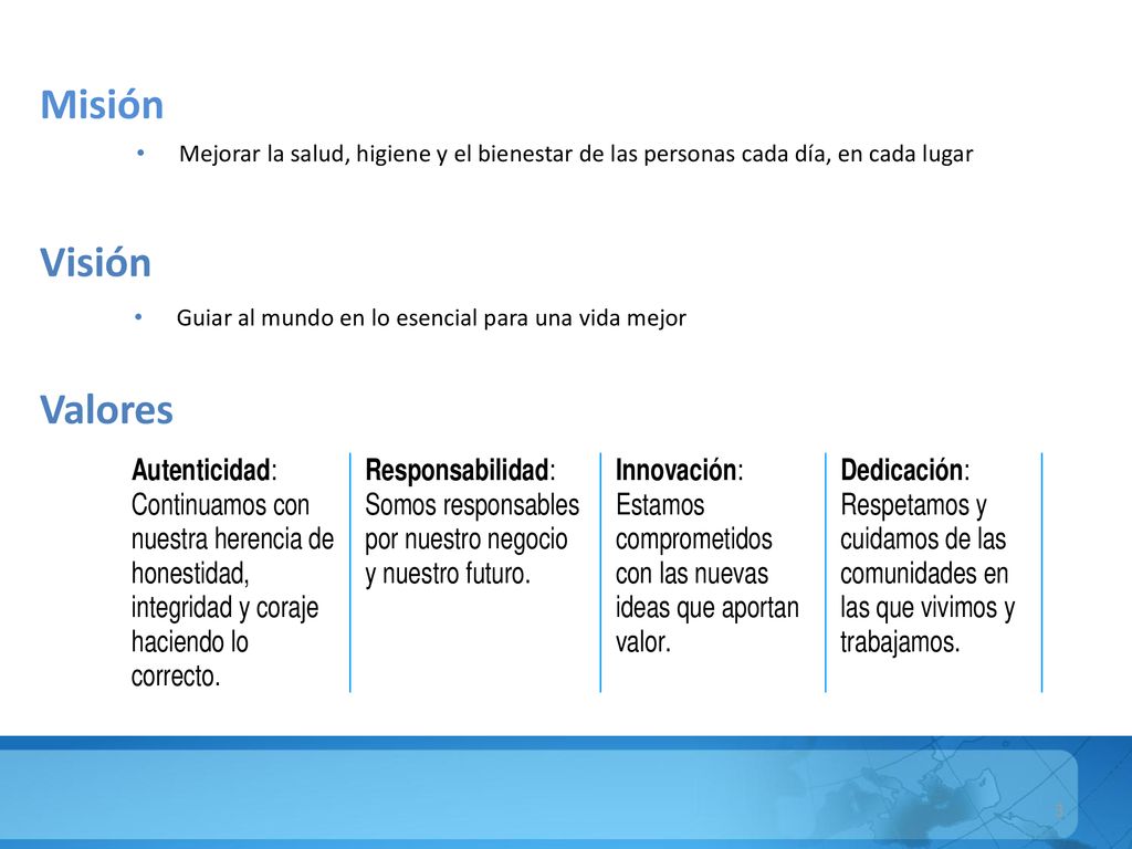 Misión Mejorar la salud, higiene y el bienestar de las personas cada día, en cada lugar. Visión. Guiar al mundo en lo esencial para una vida mejor.