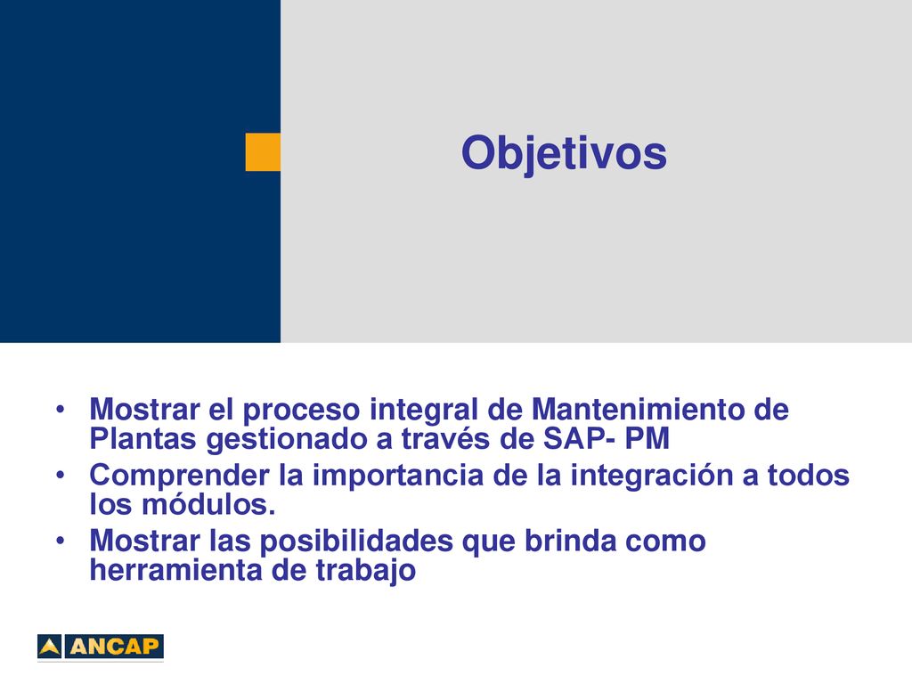 Objetivos Mostrar el proceso integral de Mantenimiento de Plantas gestionado a través de SAP- PM.