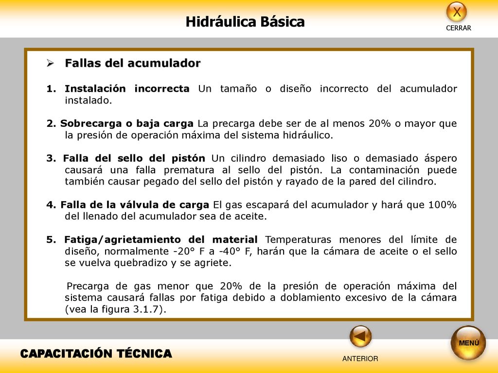Fallas del acumulador Instalación incorrecta Un tamaño o diseño incorrecto del acumulador instalado.