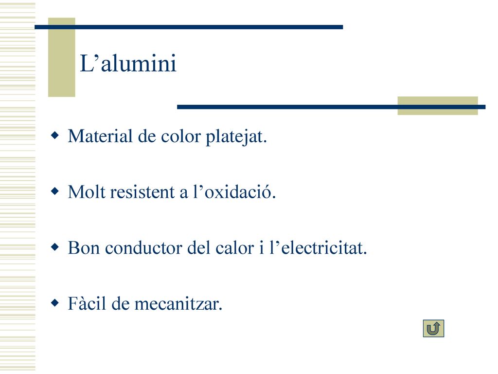 L’alumini Material de color platejat. Molt resistent a l’oxidació.