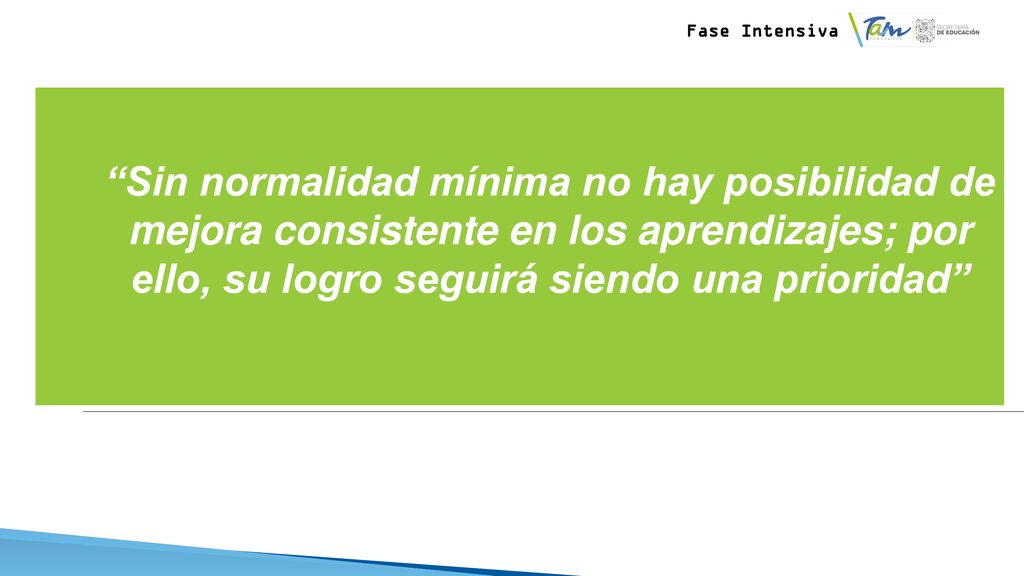 Fase Intensiva Sin normalidad mínima no hay posibilidad de mejora consistente en los aprendizajes; por ello, su logro seguirá siendo una prioridad