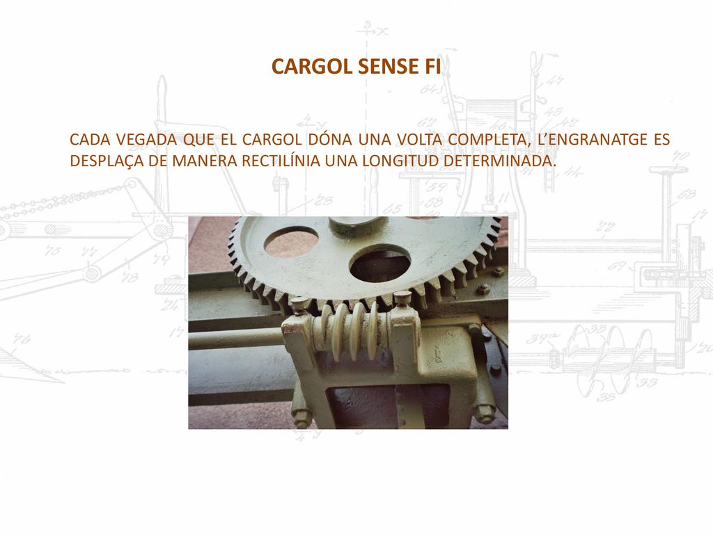 CARGOL SENSE FI CADA VEGADA QUE EL CARGOL DÓNA UNA VOLTA COMPLETA, L’ENGRANATGE ES DESPLAÇA DE MANERA RECTILÍNIA UNA LONGITUD DETERMINADA.