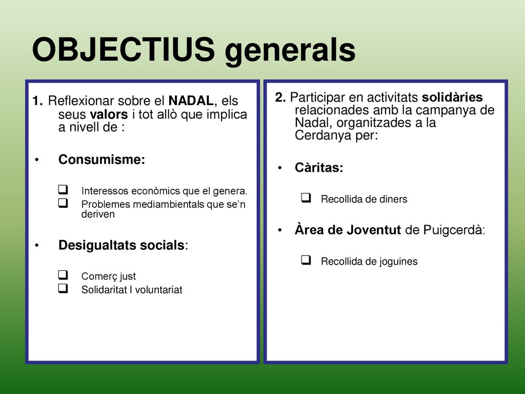 OBJECTIUS generals 1. Reflexionar sobre el NADAL, els seus valors i tot allò que implica a nivell de :