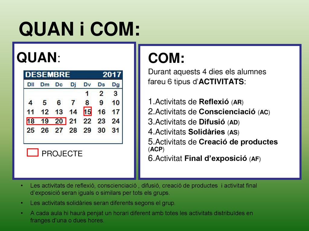 QUAN i COM: QUAN: COM: Durant aquests 4 dies els alumnes