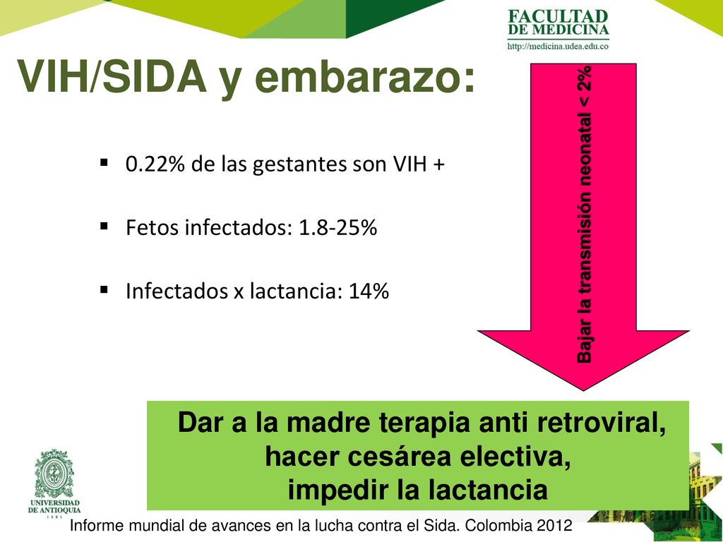 VIH/SIDA y embarazo: Bajar la transmisión neonatal < 2% 0.22% de las gestantes son VIH + Fetos infectados: %