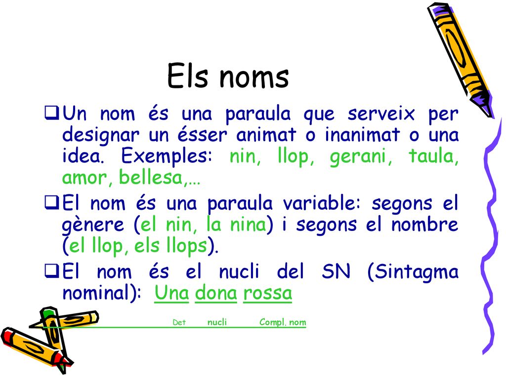 Els noms Un nom és una paraula que serveix per designar un ésser animat o inanimat o una idea. Exemples: nin, llop, gerani, taula, amor, bellesa,…