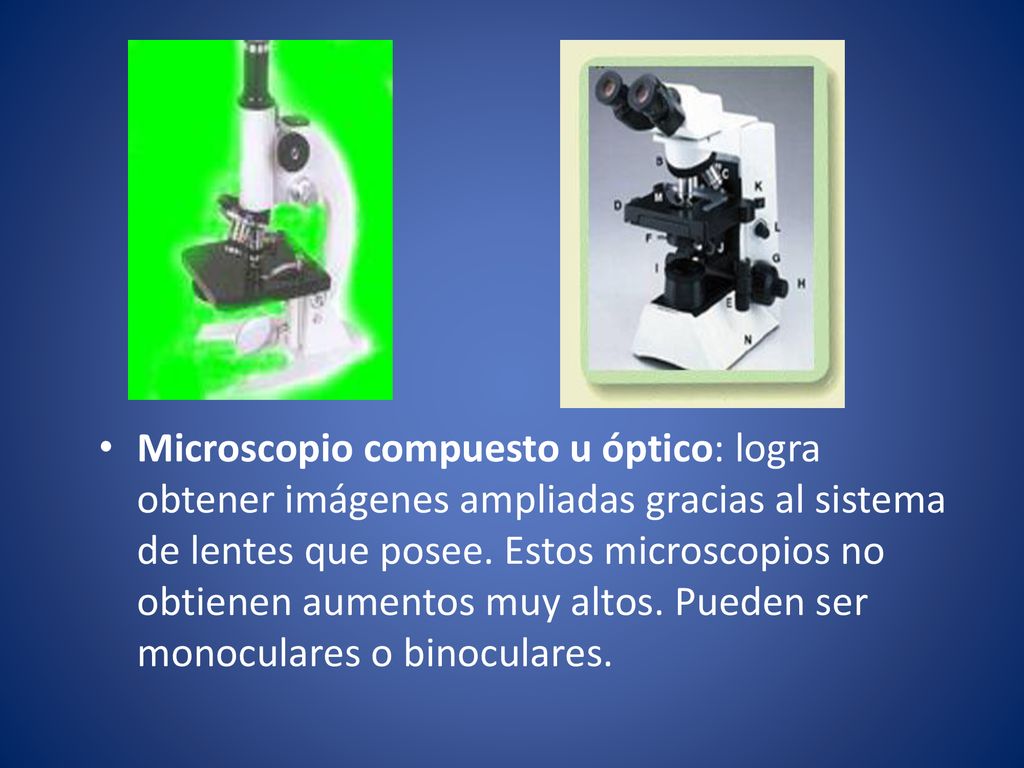 Microscopio compuesto u óptico: logra obtener imágenes ampliadas gracias al sistema de lentes que posee.