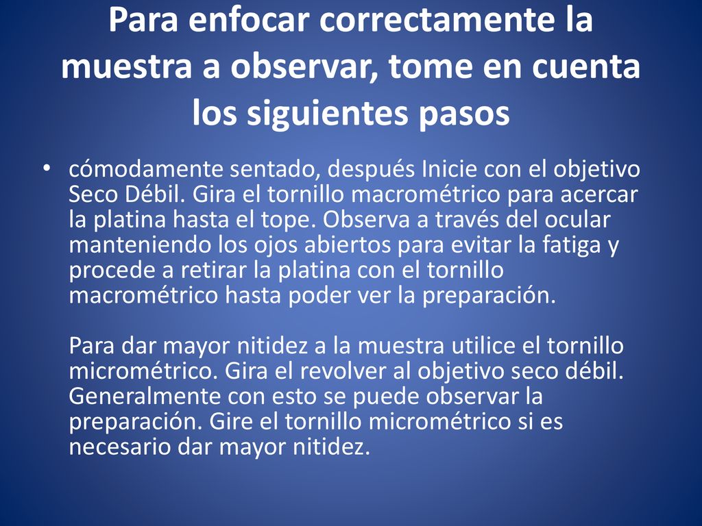 Para enfocar correctamente la muestra a observar, tome en cuenta los siguientes pasos