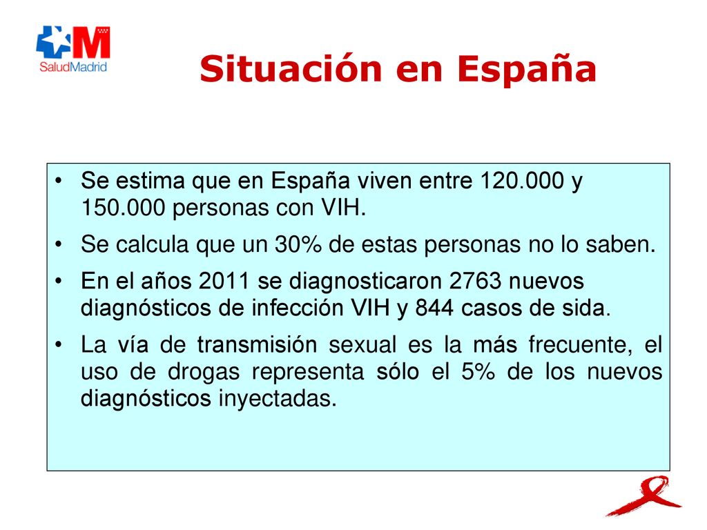Situación en España Se estima que en España viven entre y personas con VIH. Se calcula que un 30% de estas personas no lo saben.