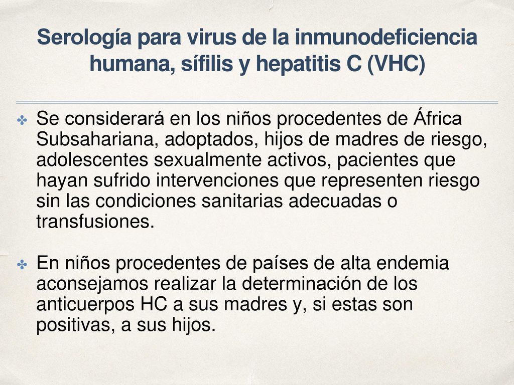 Serología para virus de la inmunodeficiencia humana, sífilis y hepatitis C (VHC)
