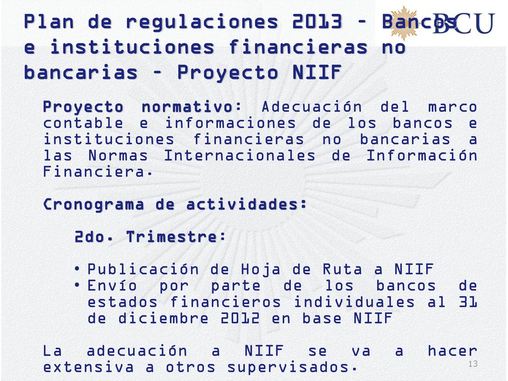 Plan de regulaciones 2013 – Bancos e instituciones financieras no bancarias – Proyecto NIIF