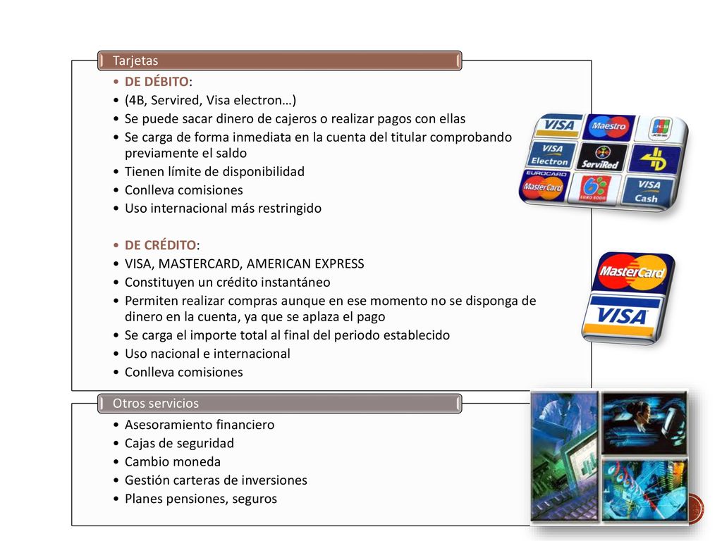 DE DÉBITO: (4B, Servired, Visa electron…) Se puede sacar dinero de cajeros o realizar pagos con ellas.