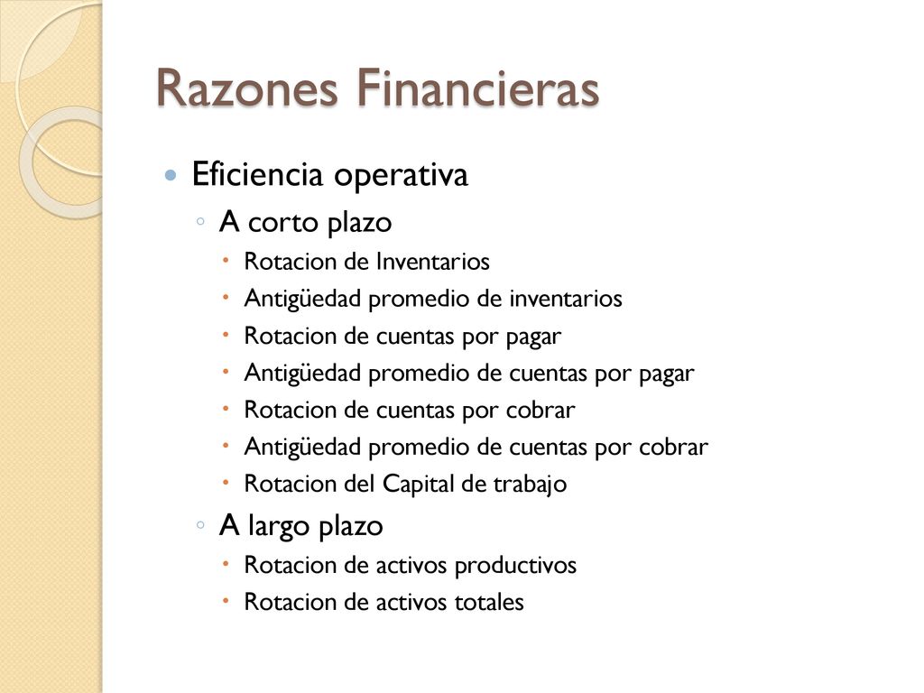 Razones Financieras Eficiencia operativa A corto plazo A largo plazo
