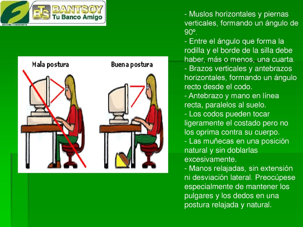 - Muslos horizontales y piernas verticales, formando un ángulo de 90º
