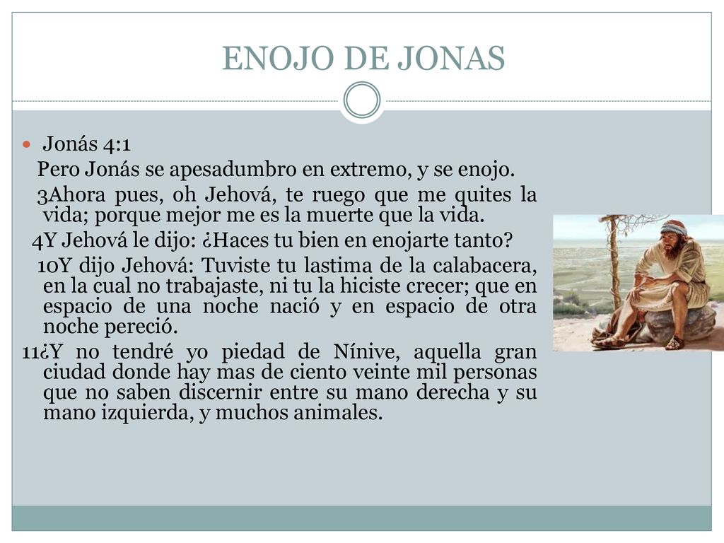 ENOJO DE JONAS Jonás 4:1. Pero Jonás se apesadumbro en extremo, y se enojo.