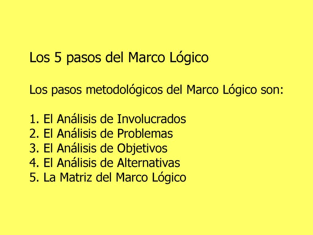 Los 5 pasos del Marco Lógico Los pasos metodológicos del Marco Lógico son: 1.