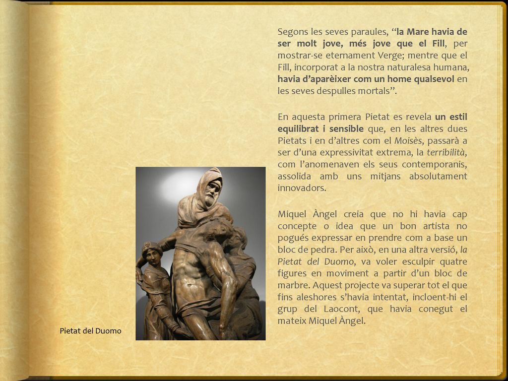 Segons les seves paraules, la Mare havia de ser molt jove, més jove que el Fill, per mostrar-se eternament Verge; mentre que el Fill, incorporat a la nostra naturalesa humana, havia d’aparèixer com un home qualsevol en les seves despulles mortals . En aquesta primera Pietat es revela un estil equilibrat i sensible que, en les altres dues Pietats i en d’altres com el Moisès, passarà a ser d’una expressivitat extrema, la terribilità, com l’anomenaven els seus contemporanis, assolida amb uns mitjans absolutament innovadors. Miquel Àngel creia que no hi havia cap concepte o idea que un bon artista no pogués expressar en prendre com a base un bloc de pedra. Per això, en una altra versió, la Pietat del Duomo, va voler esculpir quatre figures en moviment a partir d’un bloc de marbre. Aquest projecte va superar tot el que fins aleshores s’havia intentat, incloent-hi el grup del Laocont, que havia conegut el mateix Miquel Àngel.