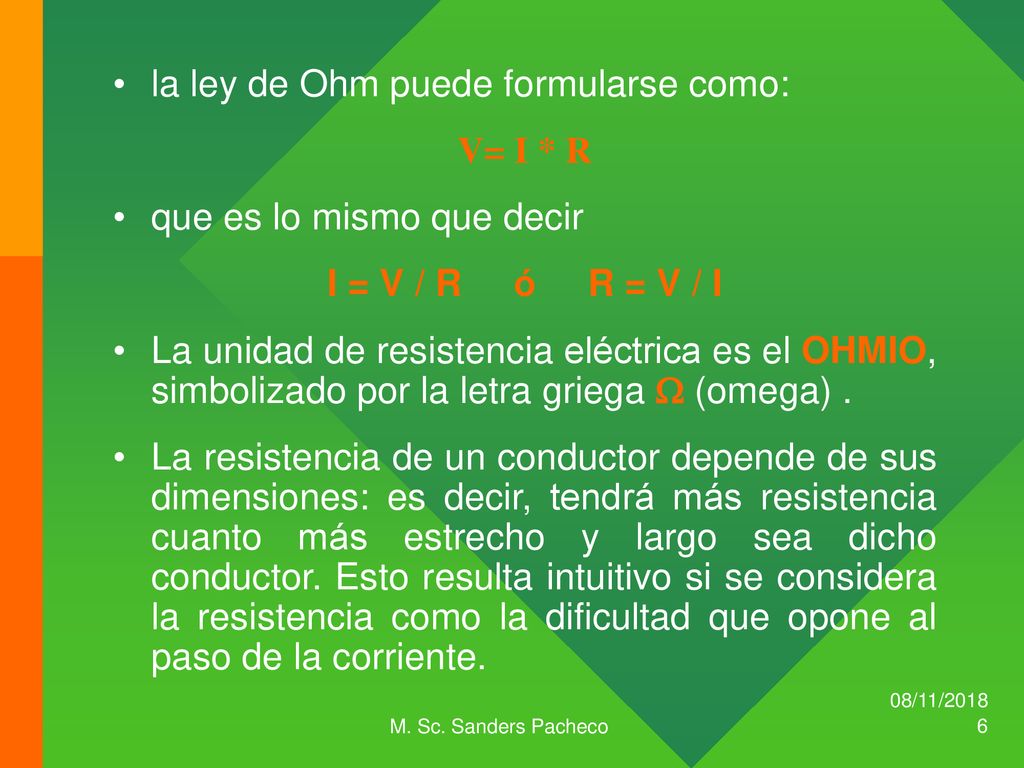 la ley de Ohm puede formularse como: V= I * R