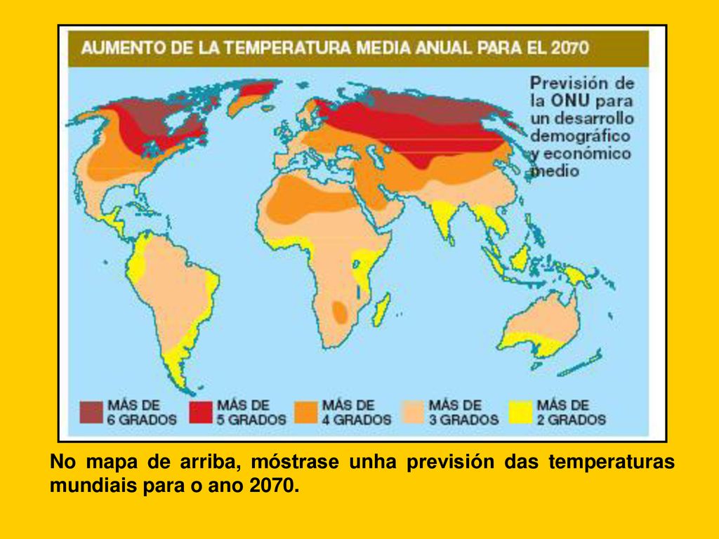 No mapa de arriba, móstrase unha previsión das temperaturas mundiais para o ano 2070.
