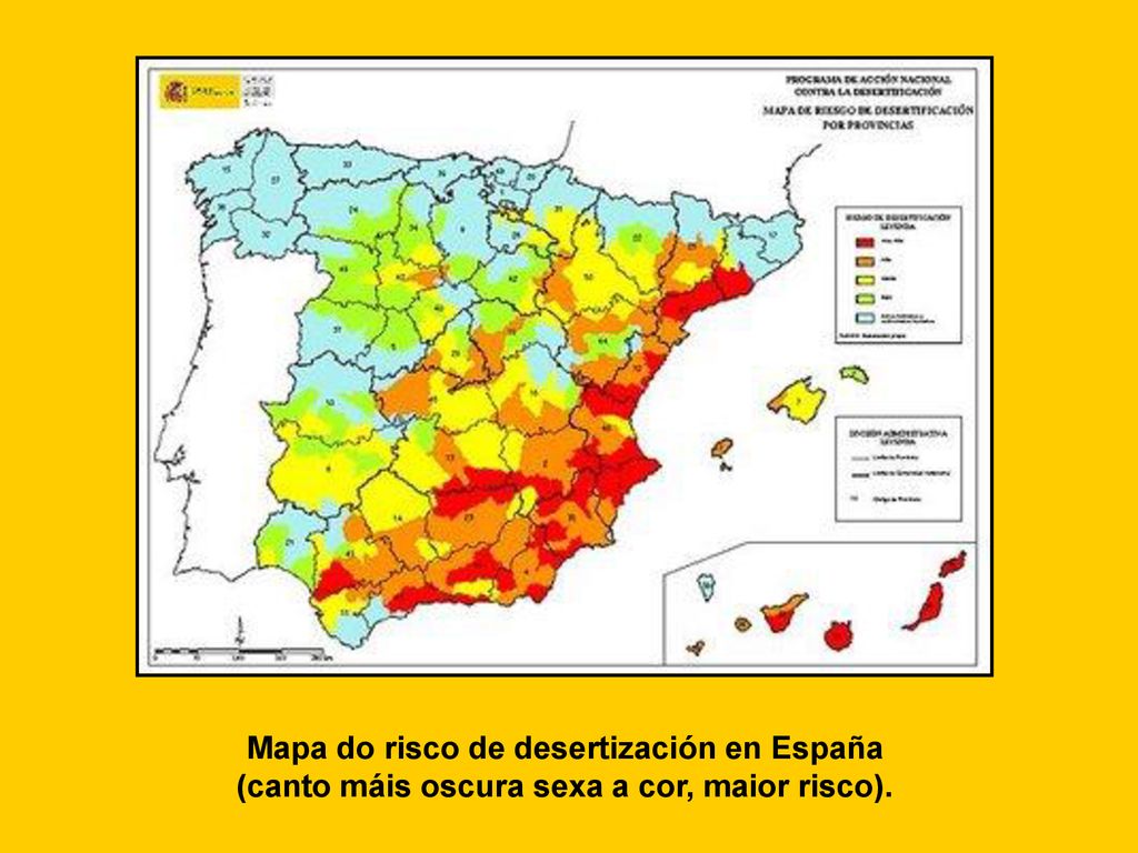 Mapa do risco de desertización en España (canto máis oscura sexa a cor, maior risco).