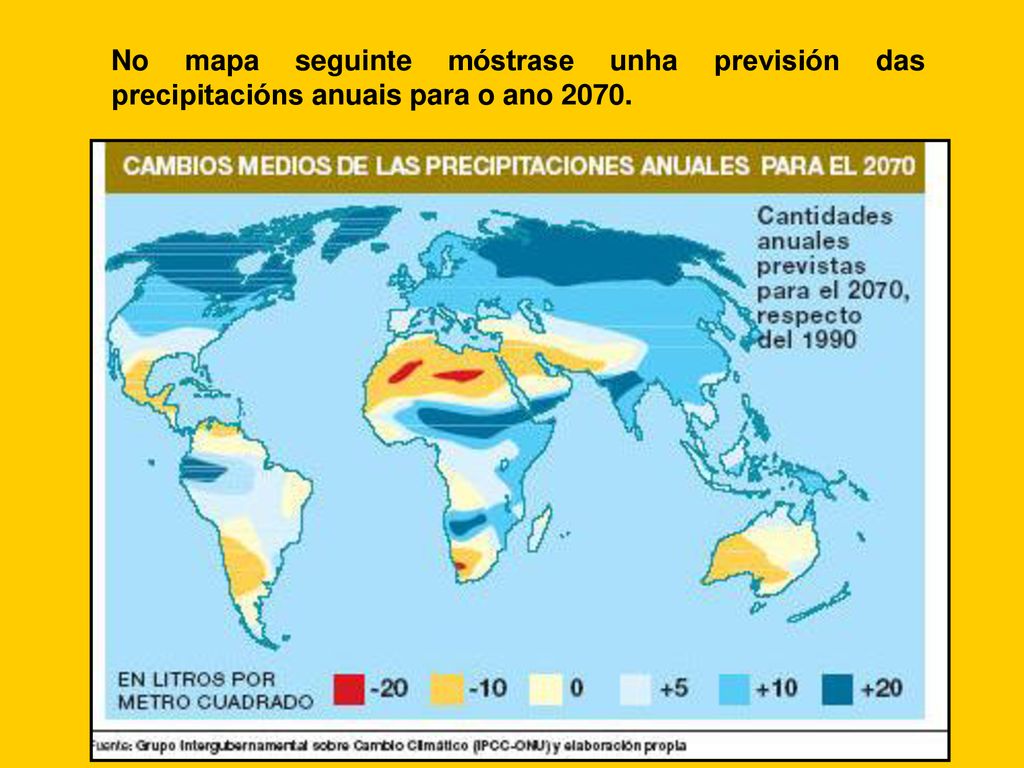 No mapa seguinte móstrase unha previsión das precipitacións anuais para o ano 2070.