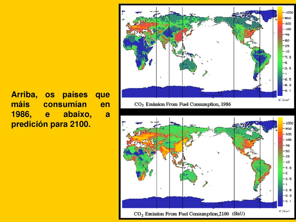 Arriba, os países que máis consumían en 1986, e abaixo, a predición para 2100.