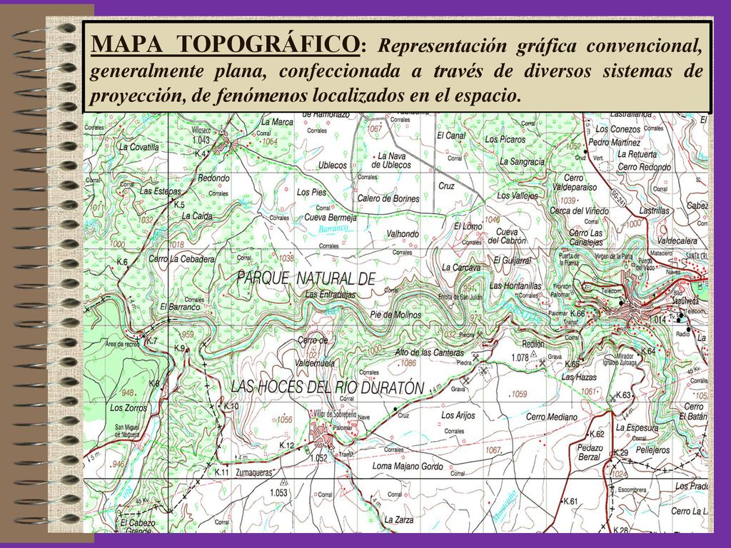 MAPA TOPOGRÁFICO: Representación gráfica convencional, generalmente plana, confeccionada a través de diversos sistemas de proyección, de fenómenos localizados en el espacio.