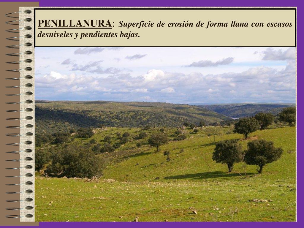 PENILLANURA: Superficie de erosión de forma llana con escasos desniveles y pendientes bajas.