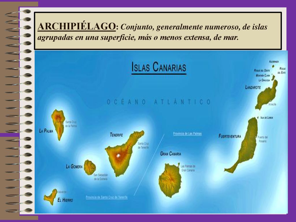 ARCHIPIÉLAGO: Conjunto, generalmente numeroso, de islas agrupadas en una superficie, más o menos extensa, de mar.
