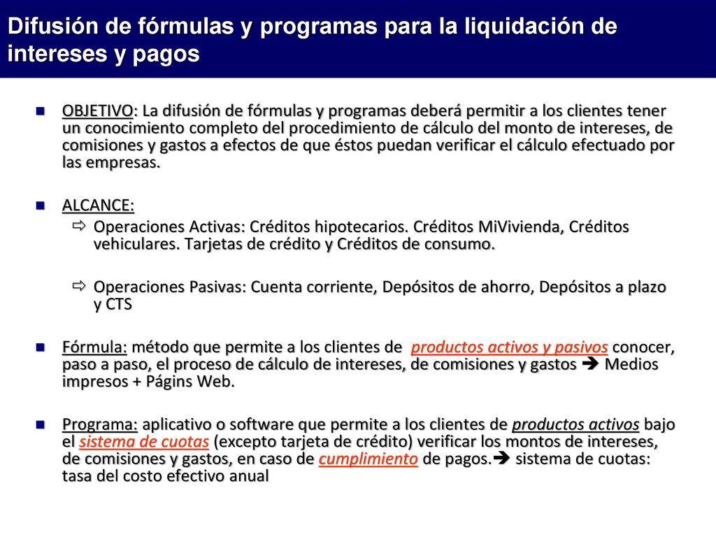 Difusión de fórmulas y programas para la liquidación de intereses y pagos