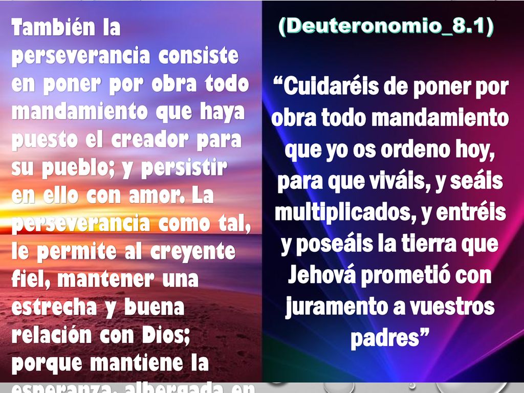 También la perseverancia consiste en poner por obra todo mandamiento que haya puesto el creador para su pueblo; y persistir en ello con amor. La perseverancia como tal, le permite al creyente fiel, mantener una estrecha y buena relación con Dios; porque mantiene la esperanza, albergada en la fe que profesa.