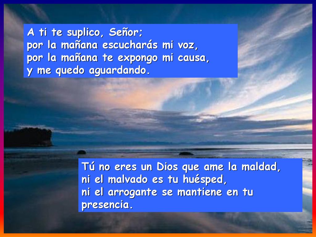 A ti te suplico, Señor; por la mañana escucharás mi voz, por la mañana te expongo mi causa, y me quedo aguardando.