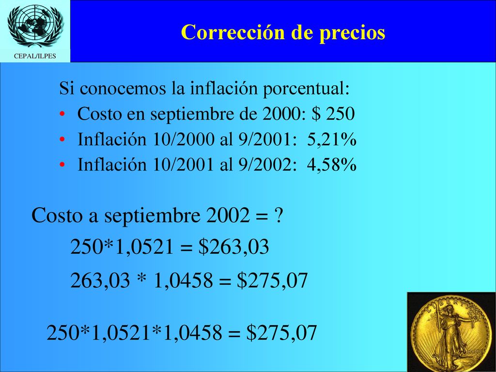 Corrección de precios Costo a septiembre 2002 = 250*1,0521 = $263,03