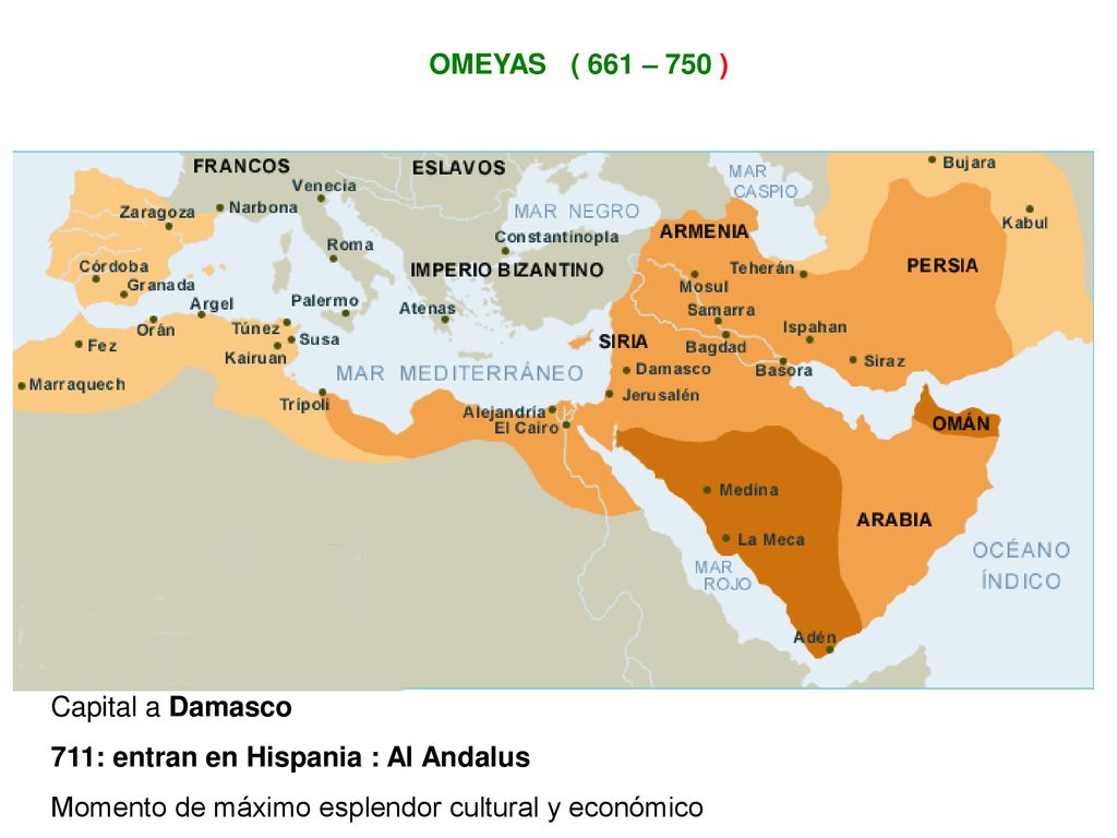 OMEYAS ( 661 – 750 ) Capital a Damasco. 711: entran en Hispania : Al Andalus.